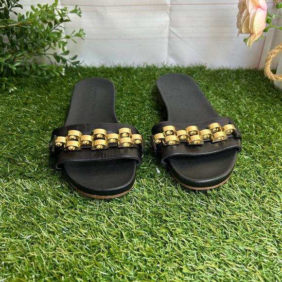Veronica Beard ENI black Chain-Trimmed Leather Slides Gold hardware 5.5 - Picture 14 of 16